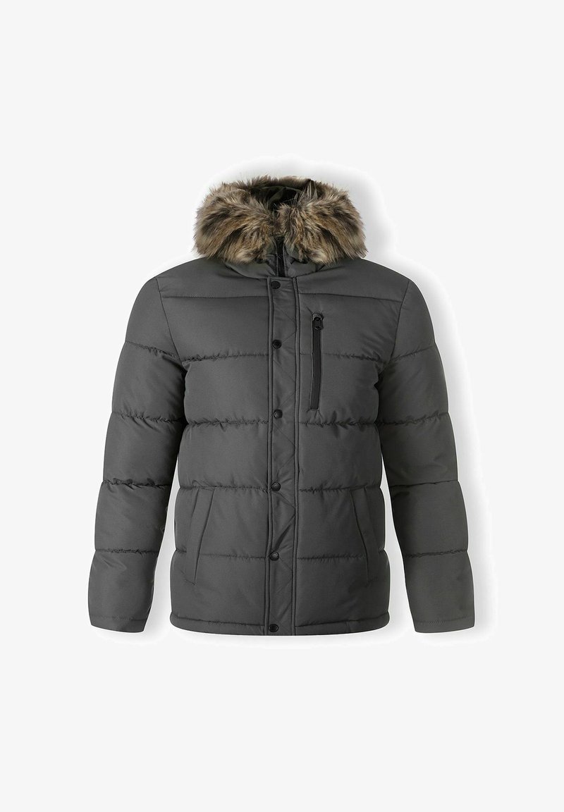 Gray puffer jacket with a fur-lined hood, zippered chest pocket, and two front pockets. Features quilted sections for insulation and warmth.