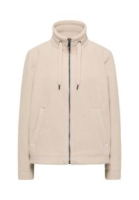 Giacca in pile beige chiaro con colletto alto, chiusura frontale con zip e due tasche laterali. Presenta corde di regolazione, texture morbida e polsini a costine.