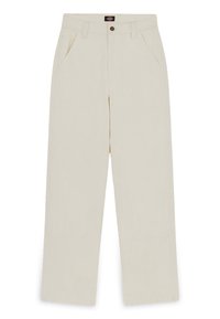 Pantalon beige à jambes droites avec poches latérales, passants pour ceinture, fermeture par bouton et petit logo de marque sur la ceinture.