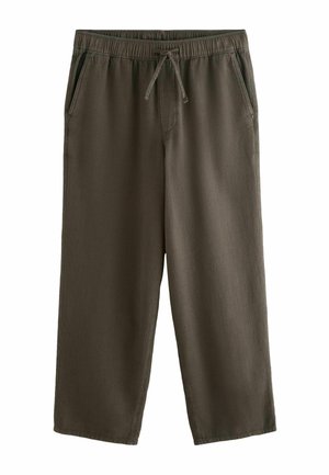Pantaloni verde oliva, a vestibilità ampia, con vita elastica, coulisse e tasche laterali, realizzati in tessuto leggero.
