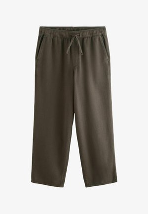 Pantaloni verde oliva, a vestibilità ampia, con vita elastica, coulisse e tasche laterali, realizzati in tessuto leggero.