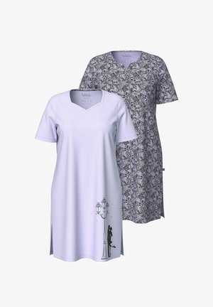 Twee damesjurken: één effen lavendel met een V-hals en zijsplitsen, de andere met een zwart-wit paisley patroon. Beide hebben korte mouwen.