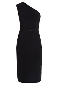 Svart enaxlad klänning i slät tyg med figursydd silhuett och dekorativt bälte i midjan för extra detalj.