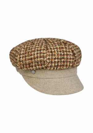 Braune und beige Baker-Boy-Mütze aus Wollmischung mit einer strukturierten Karo-Krone und einem einfarbigen hellbeigen Schirm und Band.