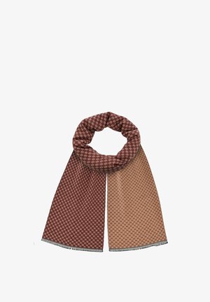 Wykonana z tkaniny chusta w kolorze bordowym i beżowym z geometrycznym wzorem, z postrzępionymi krawędziami i miękką teksturą. Zaprojektowana w formie pętli, co ułatwia noszenie.