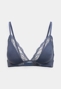 Bralette en dentelle bleu marine avec des bonnets souples, des bretelles réglables et une bande simple. Présente une bordure en dentelle transparente et un tissu doux pour le confort.