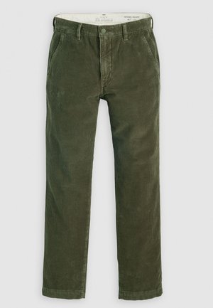 Olijfgroene corduroy chinos met een rechte pasvorm, voorzien van voorzakken, een knoopsluiting en een textuur over de gehele stof.