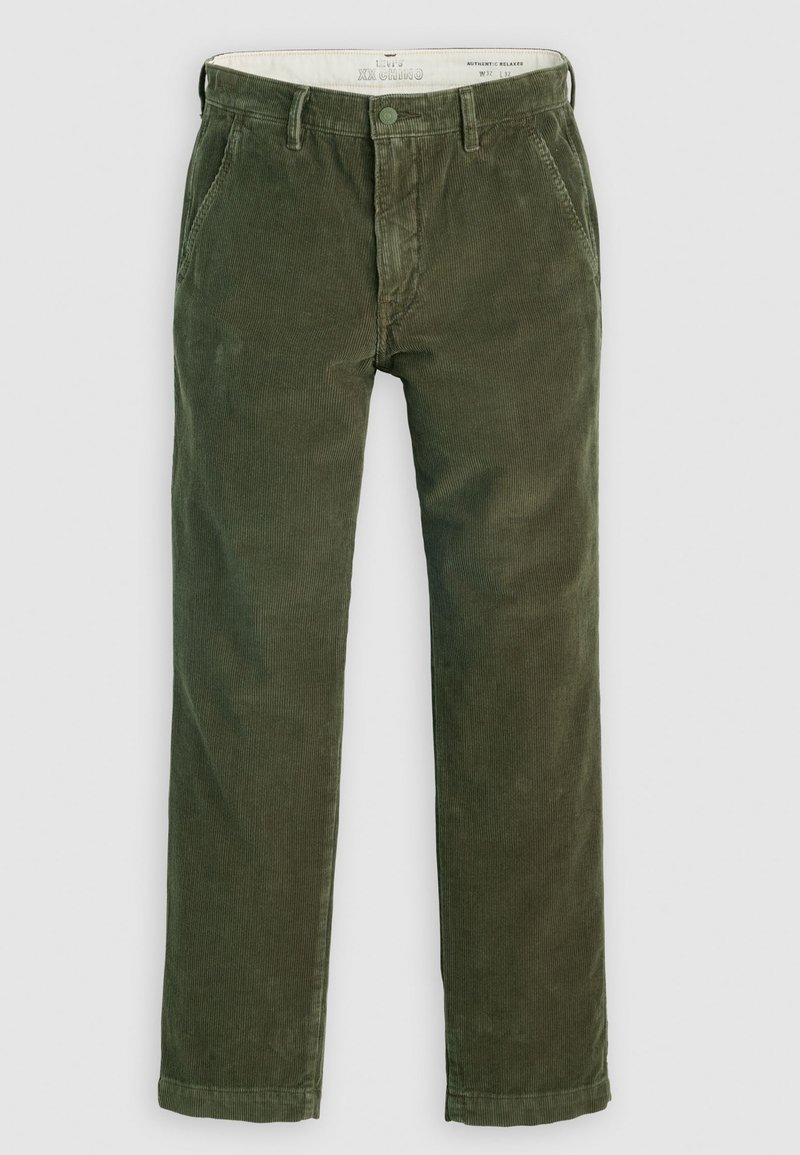Olive green corduroy chinos with a straight leg design, featuring front pockets, a button closure, and textured fabric throughout.