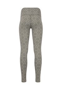 Patronenleggings gemaakt van rekbare stof. Heeft een hoge taille en ingewikkelde bloemmotieven in gedempte tinten van beige en grijs.