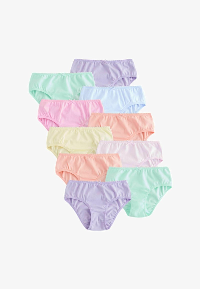 Dix paires de culottes en coton pour femmes, de couleurs pastel, disposées en trois rangées superposées sur un fond blanc.