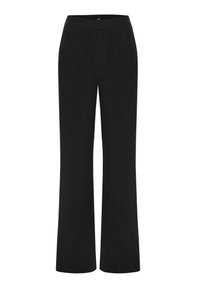 Pantalons larges noirs avec une taille plate, deux poches latérales et une texture de tissu lisse au design minimaliste.