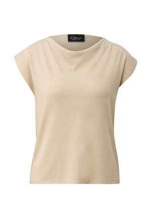 Blusa beige a maniche corte con scollo rotondo e leggero drappeggio, realizzata in tessuto morbido, mostrata su sfondo bianco.