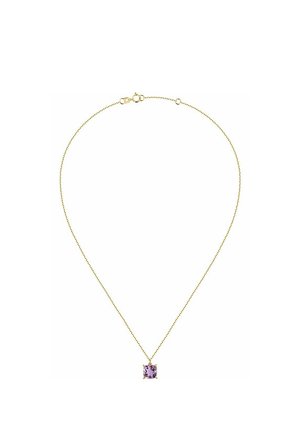 Goldene Kettenhalskette mit einem quadratischen, helllila Edelsteinanhänger, gesichert mit einem einfachen Verschluss und einem filigranen Design.