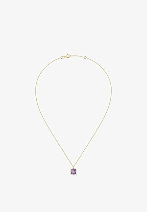 Goldene Kettenhalskette mit einem quadratischen, helllila Edelsteinanhänger, gesichert mit einem einfachen Verschluss und einem filigranen Design.