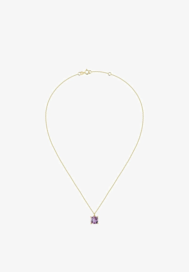 Goldene Kettenhalskette mit einem quadratischen, helllila Edelsteinanhänger, gesichert mit einem einfachen Verschluss und einem filigranen Design.