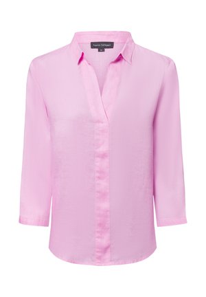 Light pink collared blouse with three-quarter sleeves, made of smooth fabric, featuring a slight sheen and a button-down front.