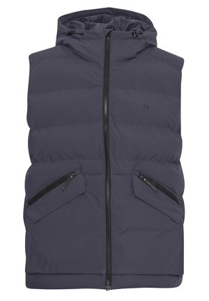 Dunkelblaues, gepolstertes West mit Kapuze, ausgestattet mit einem zentralen Reißverschluss, zwei diagonalen Seitentaschen und einer glatten Textur. Minimale Markenkennzeichnung auf der Brust.