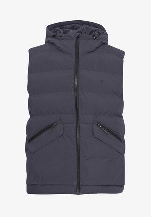 Dunkelblaues, gepolstertes West mit Kapuze, ausgestattet mit einem zentralen Reißverschluss, zwei diagonalen Seitentaschen und einer glatten Textur. Minimale Markenkennzeichnung auf der Brust.