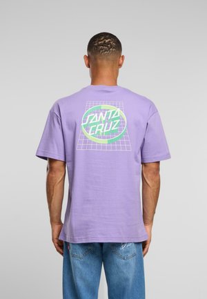 Purple cotton t-shirt with short sleeves, featuring a graphic design on the back with a grid layout and the text "SANTA CRUZ" in green accents.