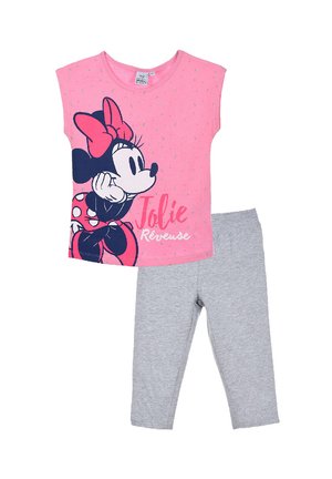 Haut rose à manches courtes avec un graphique de Minnie Mouse et le texte "Jolie Rêveuse", associé à un legging gris, le tout en tissu doux.