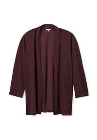 Bordowy kardigan zapinany z przodu, wykonany z miękkiej tkaniny, z długimi rękawami z podwiniętymi mankietami i dwoma przednimi kieszeniami. Gładka tekstura, minimalistyczny design.