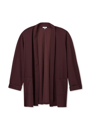 Bordowy kardigan zapinany z przodu, wykonany z miękkiej tkaniny, z długimi rękawami z podwiniętymi mankietami i dwoma przednimi kieszeniami. Gładka tekstura, minimalistyczny design.