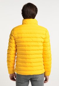 Gul puffjacka med horisontell quiltning, hög krage och en slät textur. Designad med långa ärmar och en figurnära silhuett.