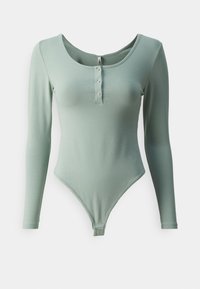 Langermet bodysuit i lys grønn, laget av mykt stoff, med scoop-hals og tre-knappslukking foran.