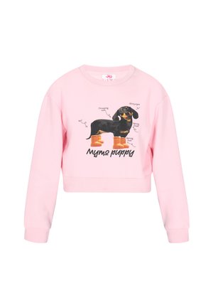 Felpa corta rosa in tessuto morbido con grafica di un cane nero con annotazioni; maniche lunghe e polsini a coste.