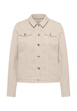 Světle béžová džínová bunda se zapínáním na knoflíky vpředu, dvěma náprsními kapsami na knoflíky a dlouhými rukávy.