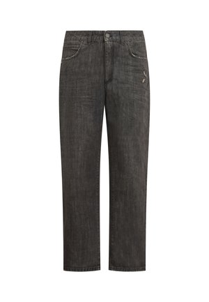 Dark gray denim jeans with a straight leg design, featuring a button closure, five pockets, and subtle fading details on the fabric.