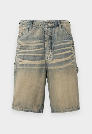 Denim-Cargo-Shorts mit einem verblassten Blau- und Beigetonverlauf. Verfügt über zwei Seitentaschen, einen Knopfverschluss und gestickte Akzente.