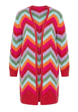 Lang åben cardigan med chevron-striber i rød, pink, orange, grøn, blå og lilla, med ribkanter på ærmer og kant.