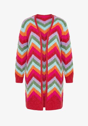 Cardigan lungo aperto davanti con righe a spina di pesce in rosso, rosa, arancione, verde, blu e viola, con polsini e orlo a coste.