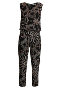 Schwarzer Jumpsuit mit floralen und geometrischen Mustern in Creme und Kupfer. Glattes Material, ärmelloses Oberteil und tapered Beinform mit elastischem Bund.