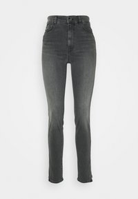 Jeans de tiro alto, de corte ajustado, en denim gris oscuro. Cuenta con un estilo tradicional de cinco bolsillos y un cierre frontal con botón.