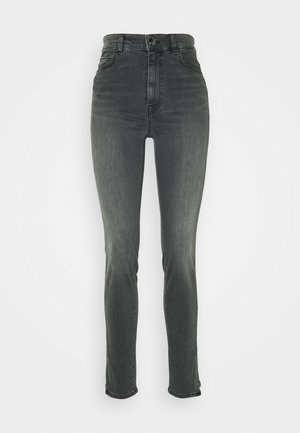 Hoch geschnittene, schmal geschnittene Jeans aus dunkelgrauem Denim. Verfügt über einen klassischen Fünf-Taschen-Stil und einen Knopfverschluss vorne.