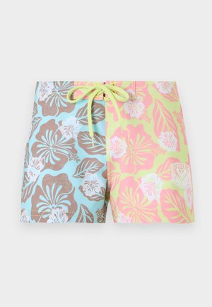 Șort de baie pentru copii cu design divizat, o parte albastră cu imprimeu floral maro, cealaltă parte galbenă cu imprimeu floral roz și talie cu șnur verde.