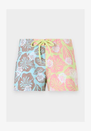 Șort de baie pentru copii cu design divizat, o parte albastră cu imprimeu floral maro, cealaltă parte galbenă cu imprimeu floral roz și talie cu șnur verde.