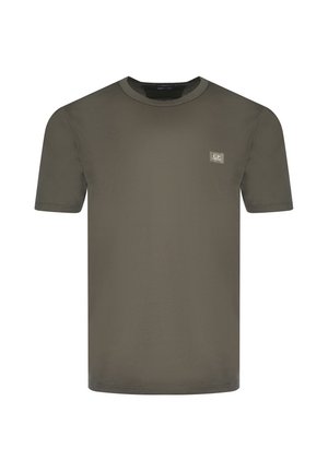 T-shirt verde oliva a maniche corte con scollo rotondo e piccolo logo quadrato sul petto sinistro con la scritta "C.P. Company."