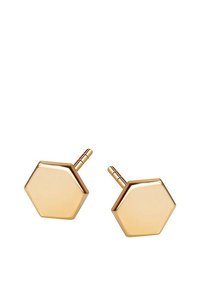 Złote sześciokątne kolczyki wkrętki z polerowanym wykończeniem, z dwoma pręcikami na szpilkach dla pewnego noszenia. Nowoczesny geometryczny design.