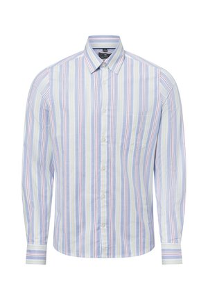 Button-up shirt featuring vertical stripes in blue, yellow, and pink; cotton fabric; long sleeves; single chest pocket; classic collar.