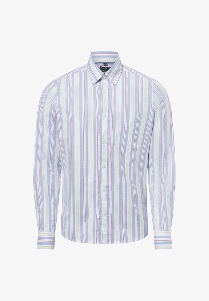 Hemd mit Knopfleiste und vertikalen Streifen in Blau, Gelb und Pink; Baumwollstoff; lange Ärmel; eine Brusttasche; klassischer Kragen.