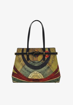 Ampia borsa a mano con manici neri, caratterizzata da un design astratto circolare multicolore e dettagli con fibbia in tono oro su sfondo bianco.