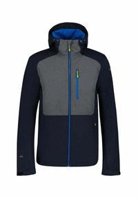 Navy and gray hooded jacket with a zip front, featuring a blue zippered pocket and color-block design. Soft texture, slim fit.