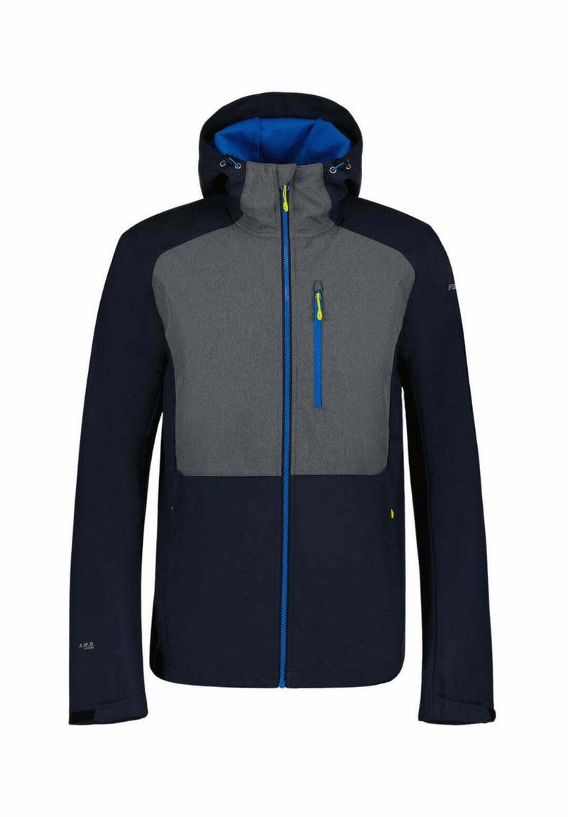 Navy and gray hooded jacket with a zip front, featuring a blue zippered pocket and color-block design. Soft texture, slim fit.
