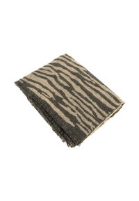 Sjaal met zebraprint in aardetinten, met donkergrijze strepen op een beige achtergrond. Franjezomen zorgen voor textuur.