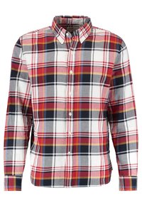 Camicia a maniche lunghe a quadri con colori rosso, blu navy, bianco e giallo. Collo button-down e bottoni frontali. Realizzata in tessuto leggero.