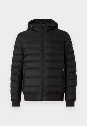 Black quilted puffer jacket with hood, full front zipper, zippered side pockets, and ribbed cuffs and hem.