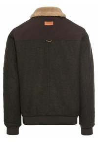Men's jacket featuring a dark green wool body, brown leather shoulder accents, and a beige faux fur collar with a ribbed waistband.
